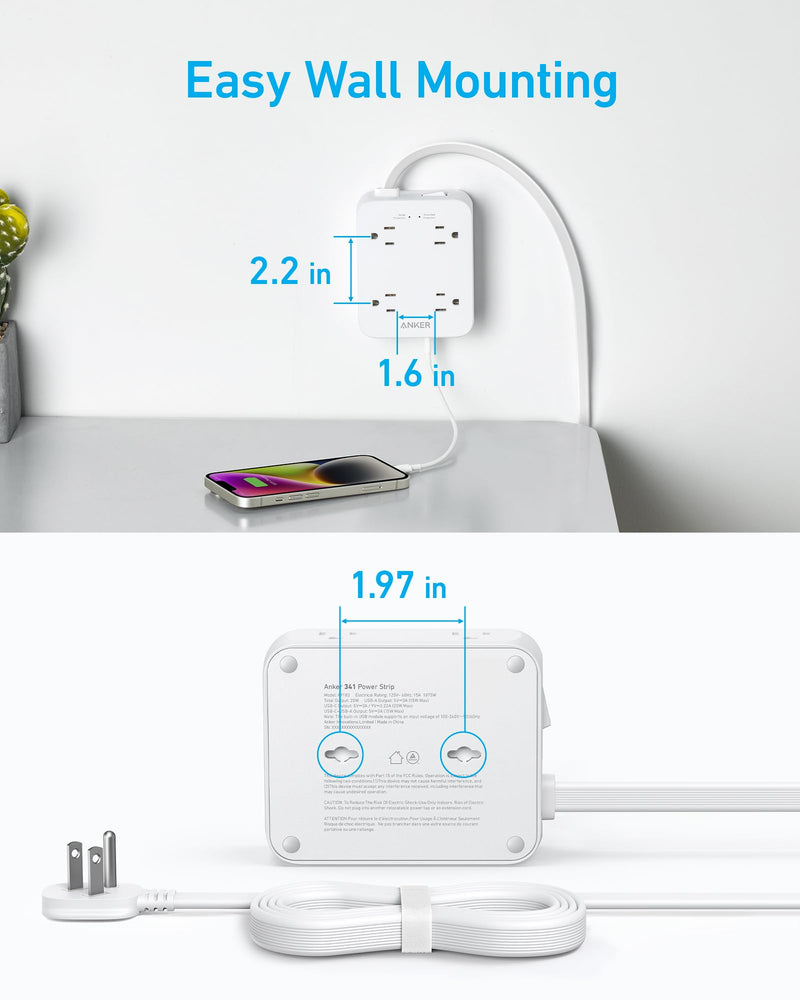 Anker - 341 (A9183) - 8-Outlet USB Surge Protector Power Strip - White