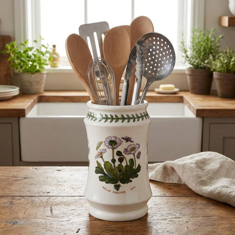 Botanic Garden daisy utensil jar on a kitchen counter