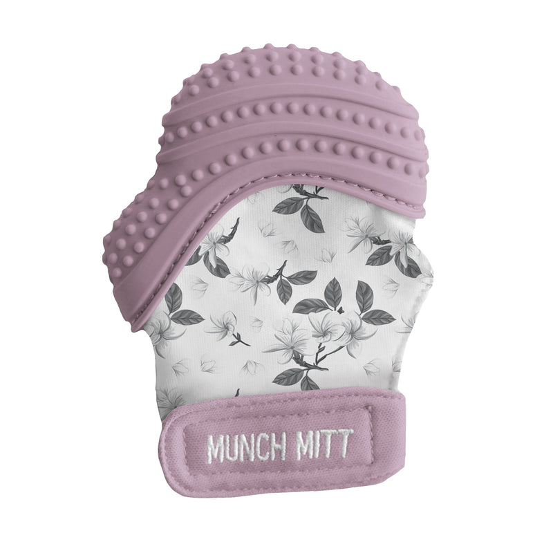 Malarkey Kids Munch Mitt Wearable Teether – Lilac Bloom – lilac floral teething mitt, product-only view