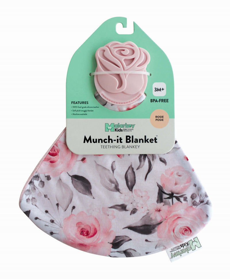 Malarkey Kids Munch-It Blanket Teether – Rosie Posie – Rosie Posie blanket teether in packaging
