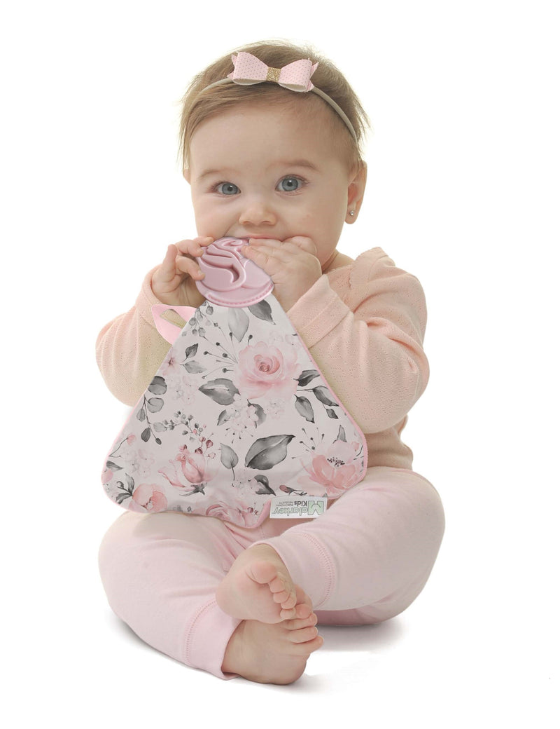 Malarkey Kids Munch-It Blanket Teether – Rosie Posie – baby using Rosie Posie blanket teether