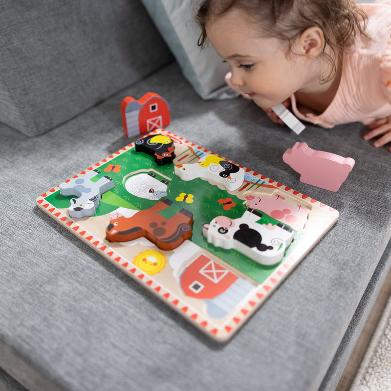Melissa & Doug - Farm Animals Chunky Wooden Puzzle - 8 Pieces - in use during play