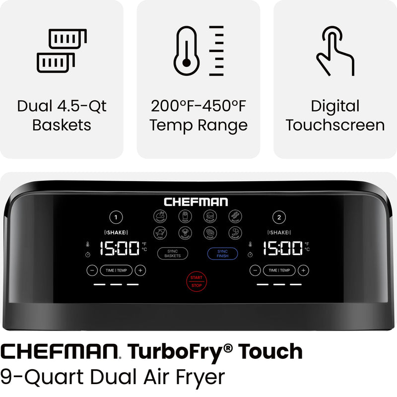 Chefman TurboFry 9 qt Dual Basket Air Fryer, Black