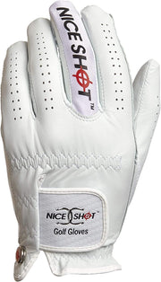 Nice Shot The Bird white left-hand golf glove – palm view