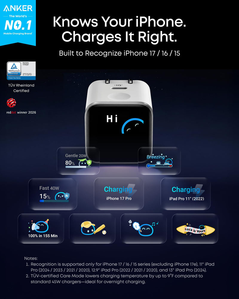 Anker - Nano (A121D) - 45W USB-C Wall Charger with Smart Display - Black