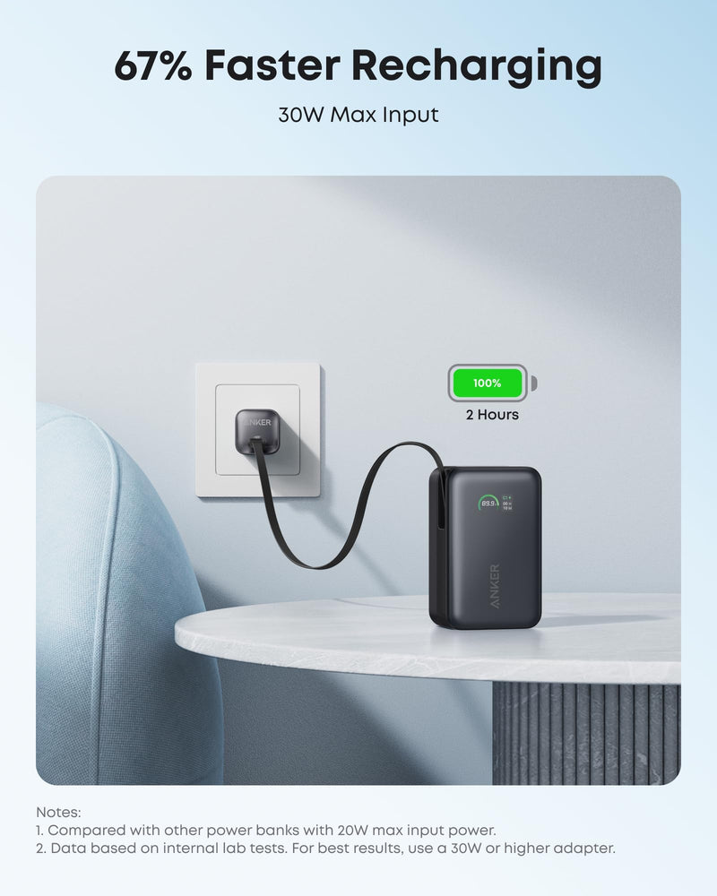 Anker - Nano (A1638) - 10,000mAh 45W Power Bank with Retractable USB-C - Black