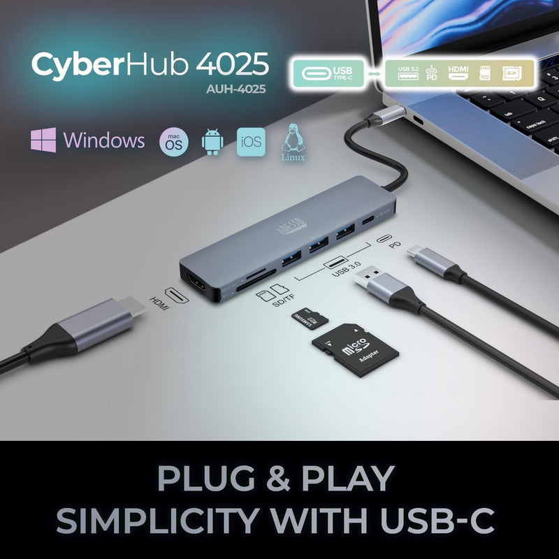 Adesso - 7 in 1 Docking Station, USB C to HDMI,  PD,  3* USB A , Micro SD/SD Card reader