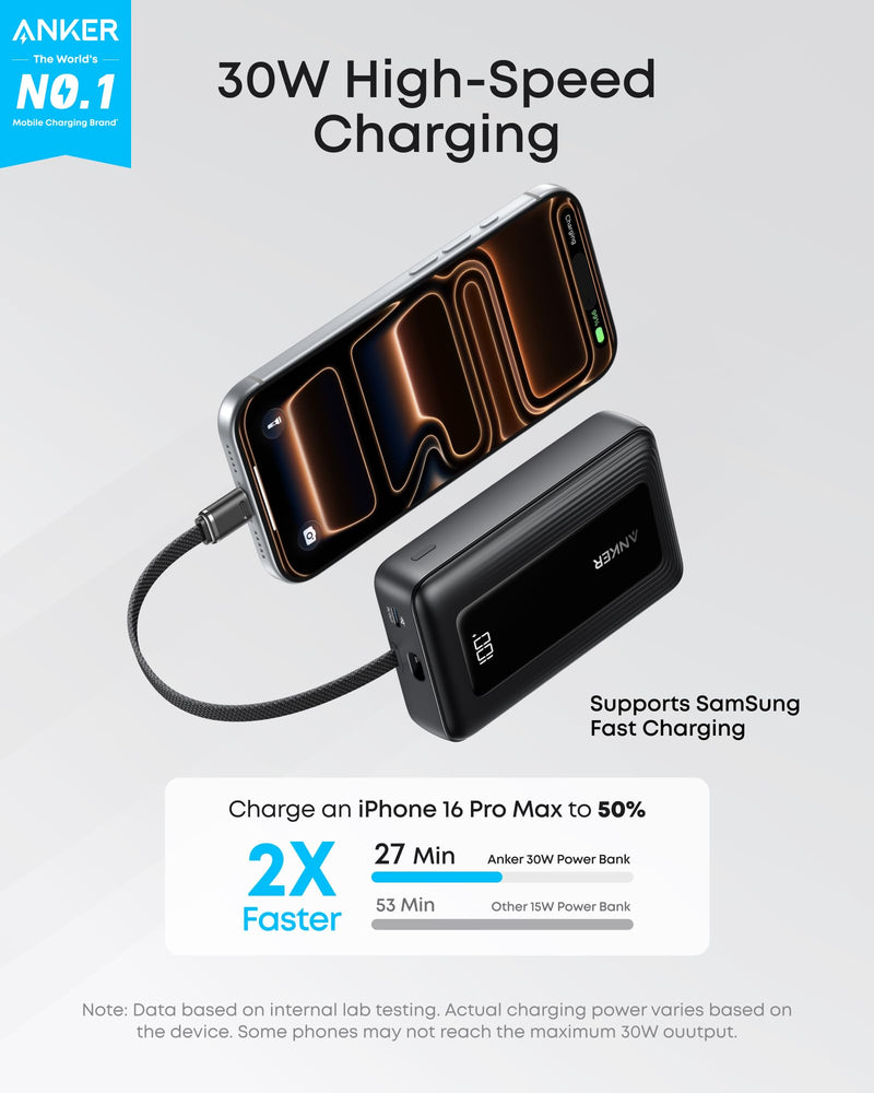 Anker - Zolo (A1688) - 10,000mAh 30W Power Bank with Built-In USB-C - Black