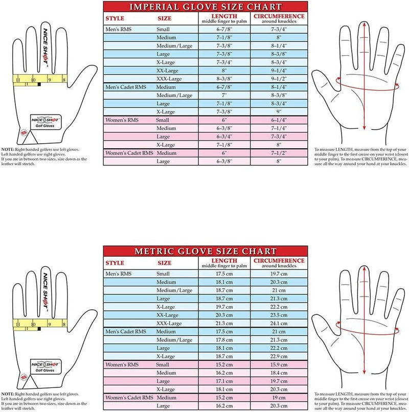 Nice Shot Il Corna white left-hand golf glove – brand hand-measurement and women’s size guide