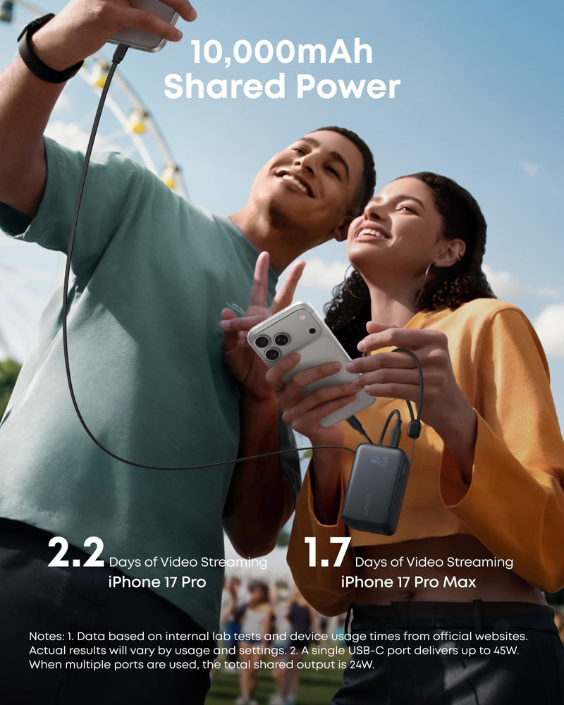 Anker - Nano (A1638) - 10,000mAh 45W Power Bank with Retractable USB-C - Black