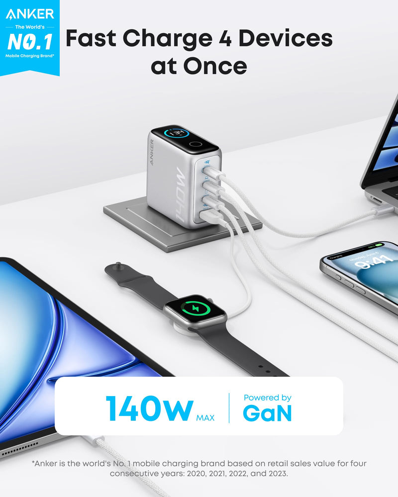 Anker - A2697 - 140W 4-Port USB-C Wall Charger with Cable - Silver