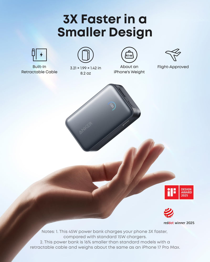 Anker - Nano (A1638) - 10,000mAh 45W Power Bank with Retractable USB-C - Black