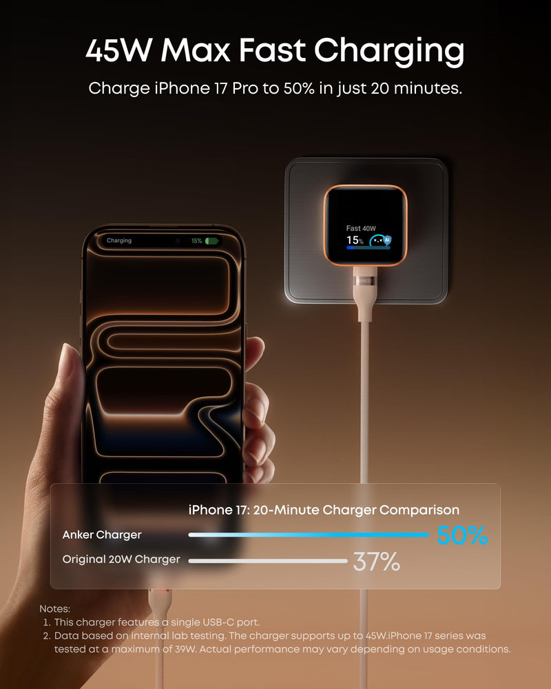 Anker - Nano (A121D) - 45W USB-C Wall Charger with Smart Display - Blue