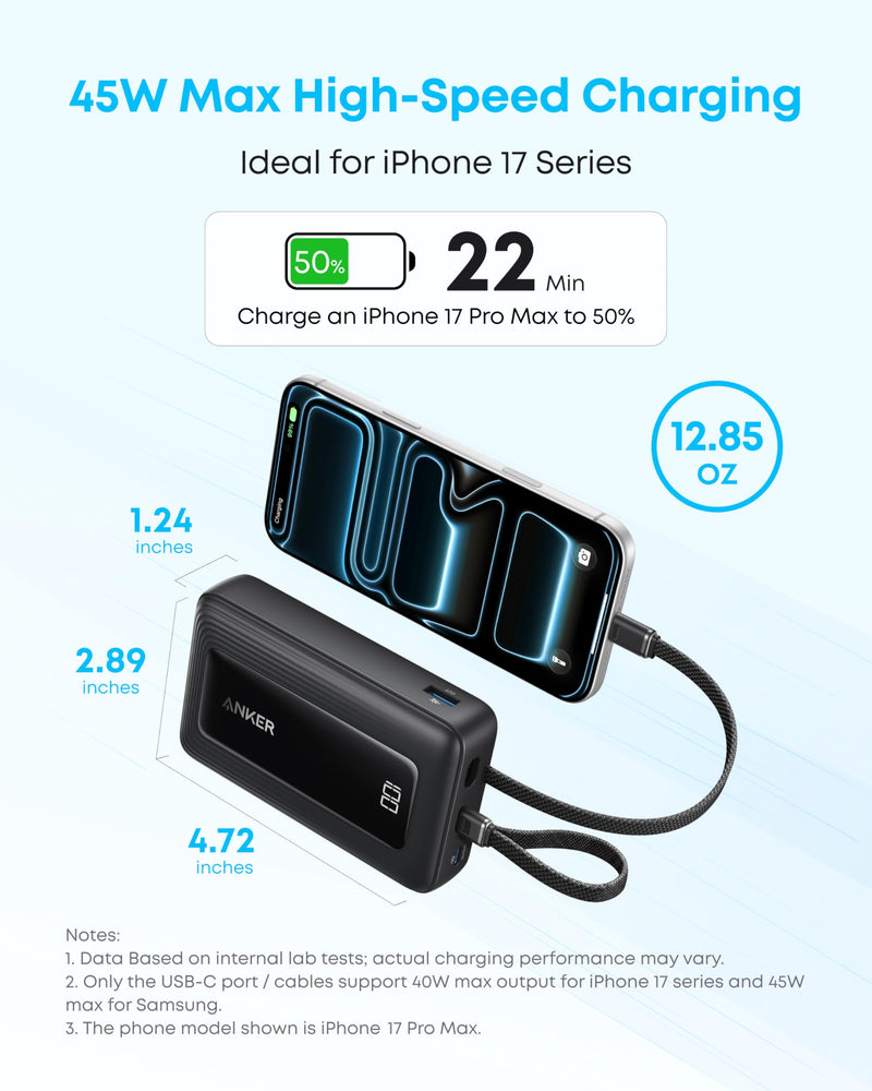 Anker - Zolo (A110M) - 20,000mAh 45W Power Bank with Built-In USB-C - Black