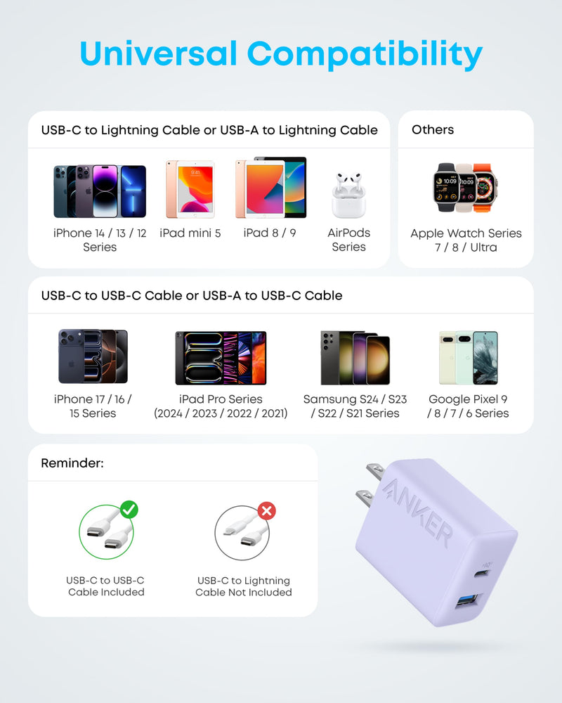Anker - A2348 - 20W Dual-Port Wall Charger with Cables - 2-Pack - Purple