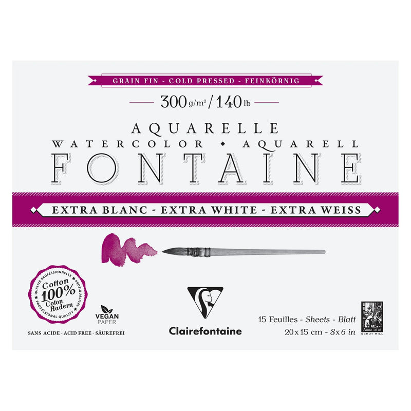 Clairefontaine - Watercolour Glued Pad 4 Sides Fontaine Extra White Fine Grain 300G 15 Sheets (7.9 x 6 In)