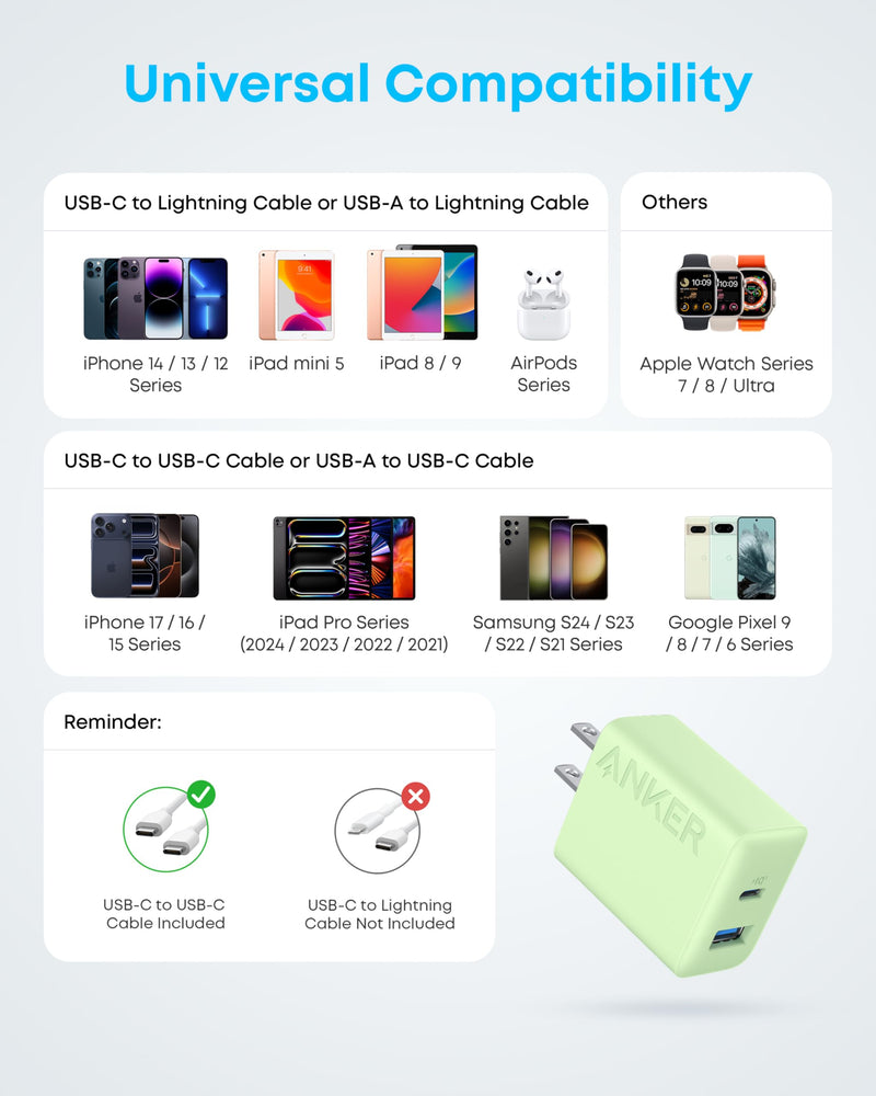 Anker - A2348 - 20W Dual-Port Wall Charger with Cables - 2-Pack - Green