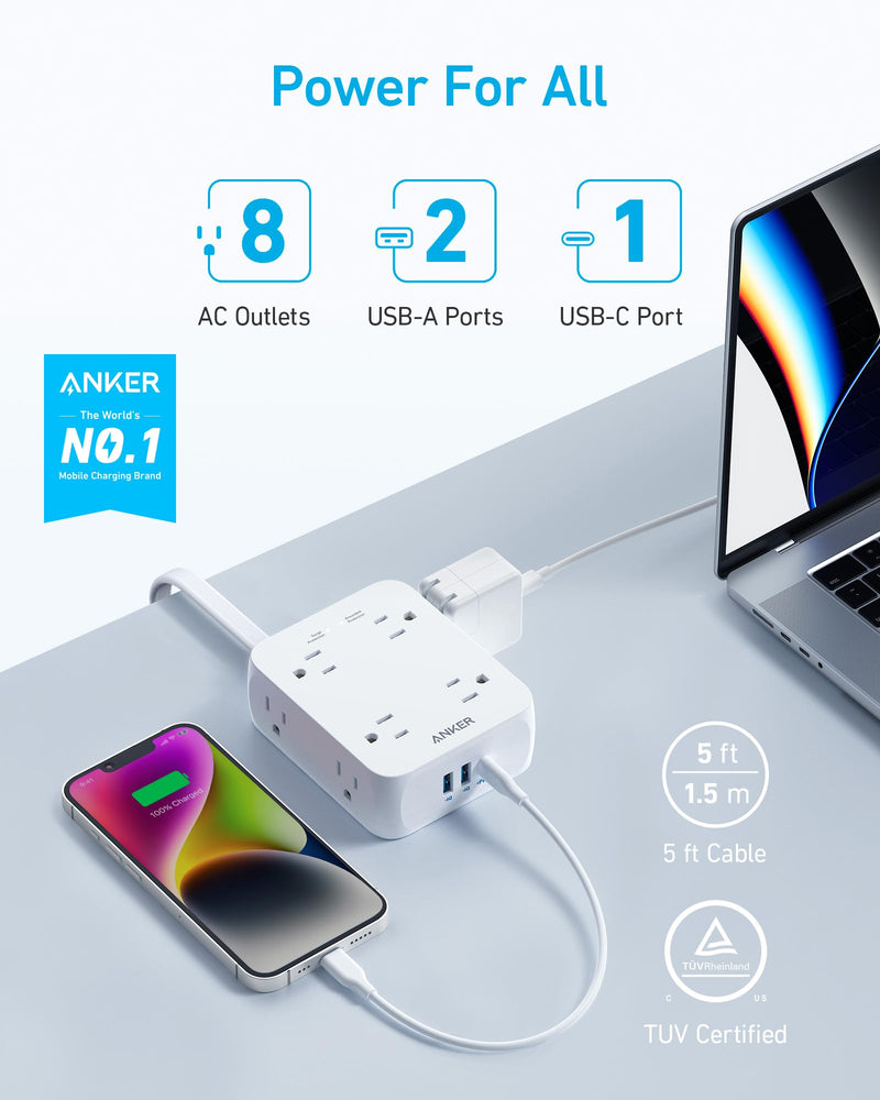 Anker - 341 (A9183) - 8-Outlet USB Surge Protector Power Strip - White