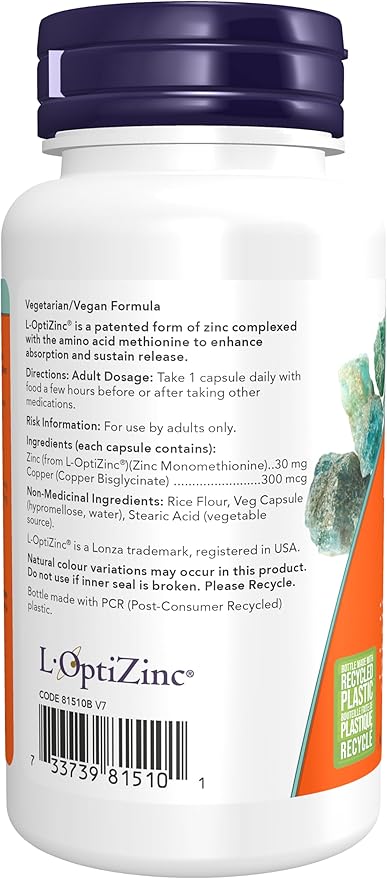 Now - Opti - L - Zinc (Monomethionine) 30MG Copper 100VCAP