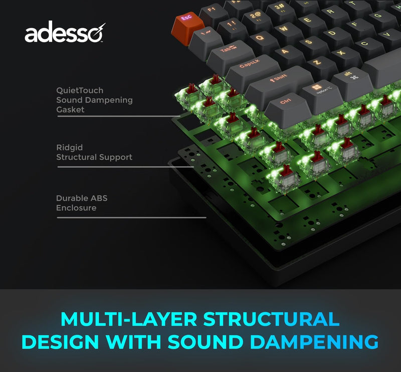 Adesso - Wired/Wireless/Bluetooth Multi-OS Illuminated Mechanical QMK VIA Compact Keyboard With CoPilot Ai Hotkey (Red Switch)