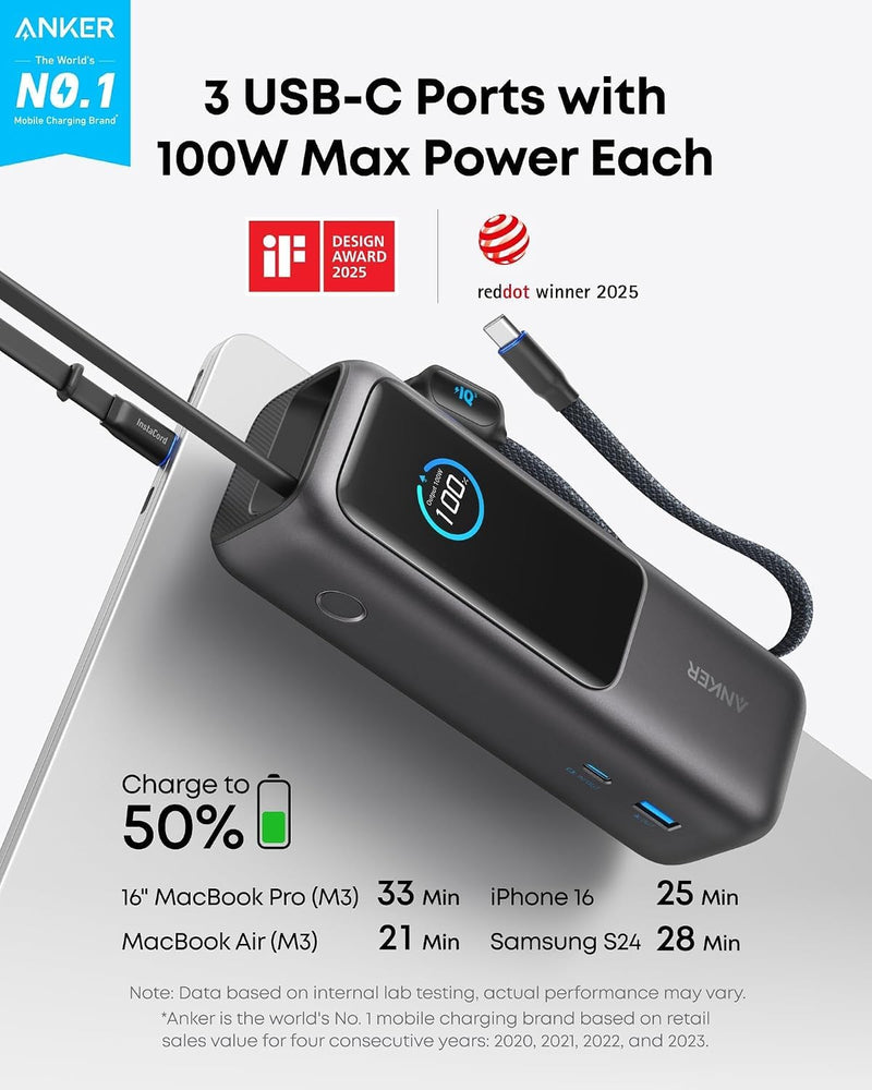 Anker - A1695 - 25,000mAh 165W Power Bank with Built-In Cables - Black