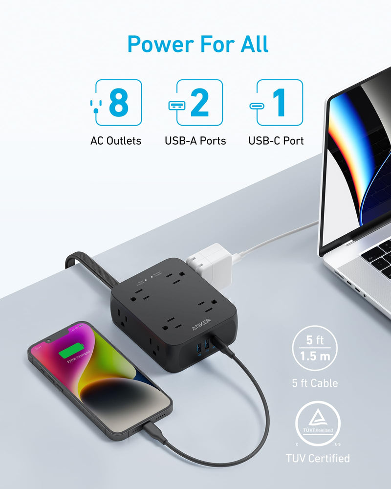 Anker - 341 (A9183) - 8-Outlet USB Surge Protector Power Strip - Black