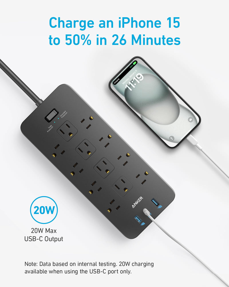 Anker - 351 (A9192) - 12-Outlet Surge Protector Power Strip - Black