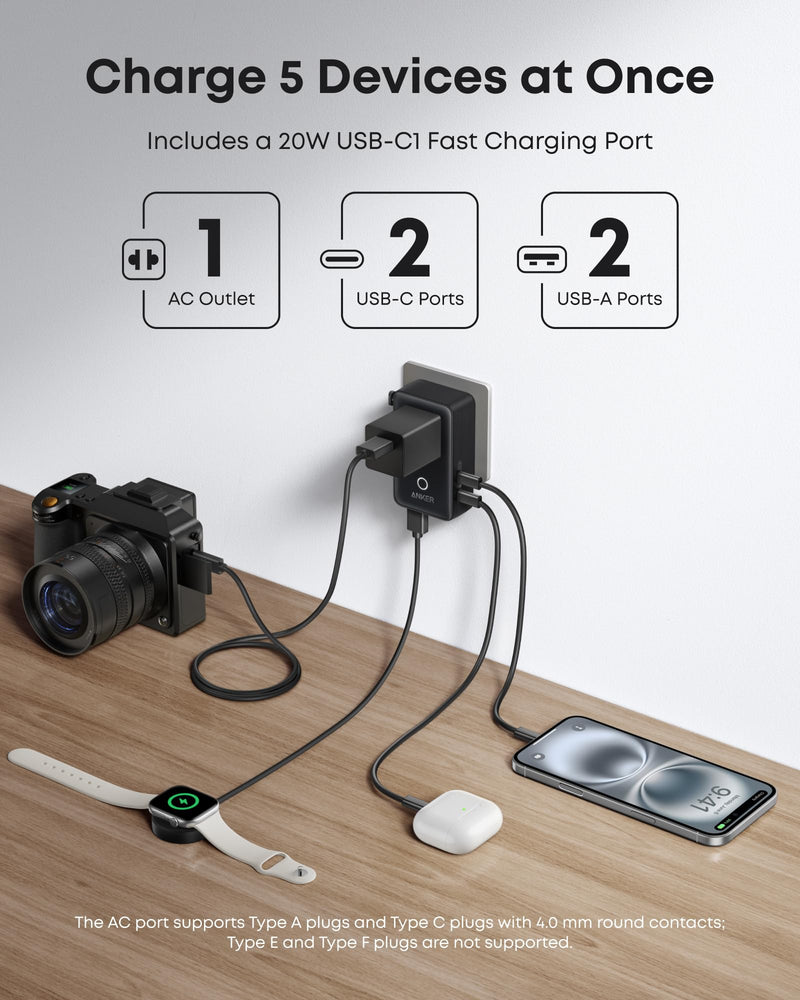 Anker - Nano (A9215) - 5-in-1 20W Travel Plug Adapter - Black