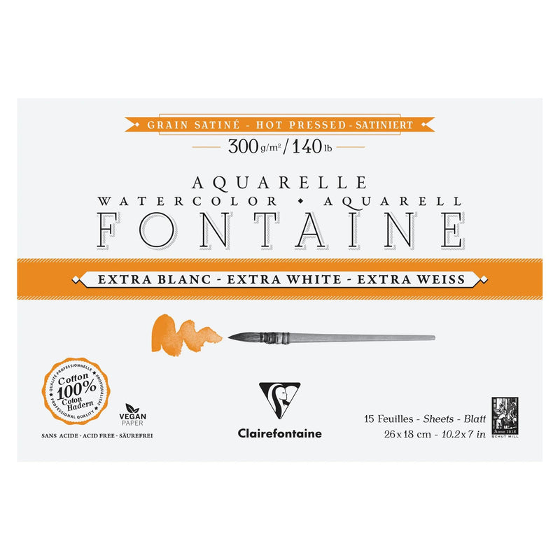 Clairefontaine - Watercolour Glued Pad 4 Sides Fontaine Extra White Fine Grain 300G 15 Pages (10.2 x 7.1 In)