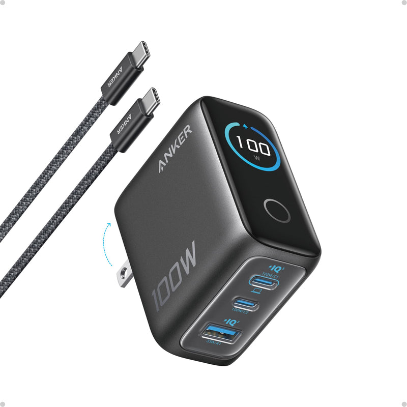 Anker - B121B - 100W 3-Port GaN Wall Charger with Smart Display - Black