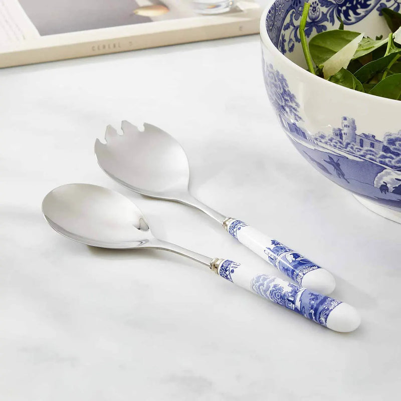 Spode - Blue Italian - Salad Servers (Ceramic Handle) | 10 in