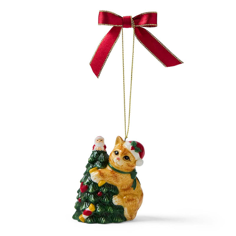 Spode Christmas Tree cat grabbing the tree ornament