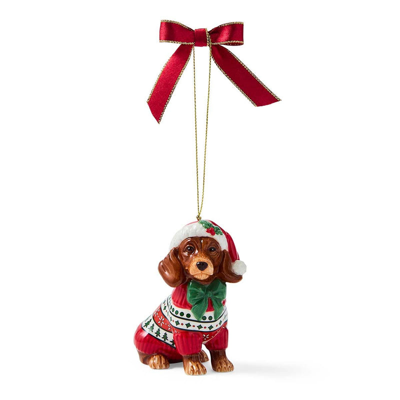 Spode Christmas Tree dachshund in festive jumper ornament