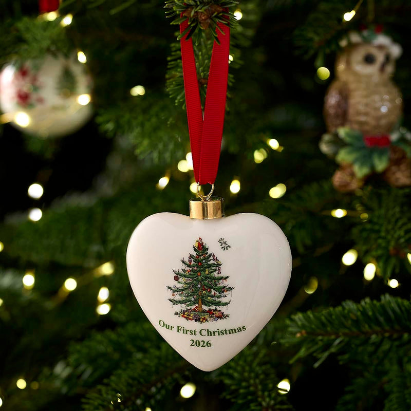 Spode Christmas Tree 2026 heart ornament on a Christmas tree