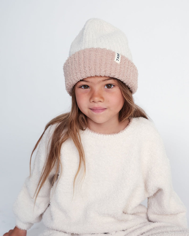 7AM - 2 - Tone Ribbed Beanie - Fuzzy Mother & Baby Ecru / Pecan 0 - 6M