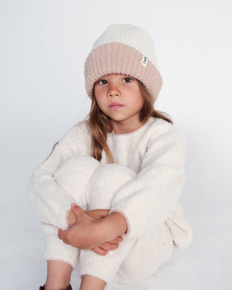 7AM - 2 - Tone Ribbed Beanie - Fuzzy Mother & Baby Ecru / Pecan 0 - 6M