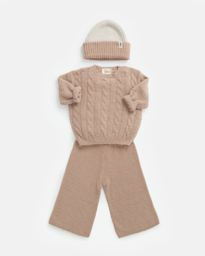 7AM - 2 - Tone Ribbed Beanie - Fuzzy Mother & Baby Ecru / Pecan 0 - 6M