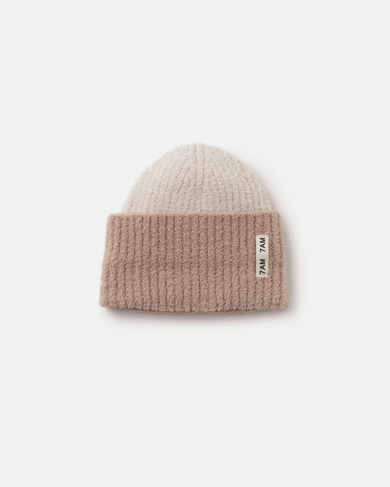 7AM - 2 - Tone Ribbed Beanie - Fuzzy Mother & Baby Taupe / Ecru 0 - 6M