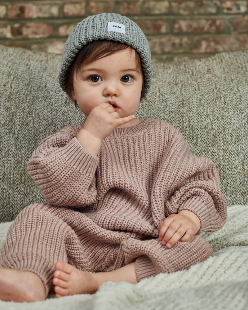 7AM - Beanie - Chunky Mother & Baby Ash Rose 0 - 6M