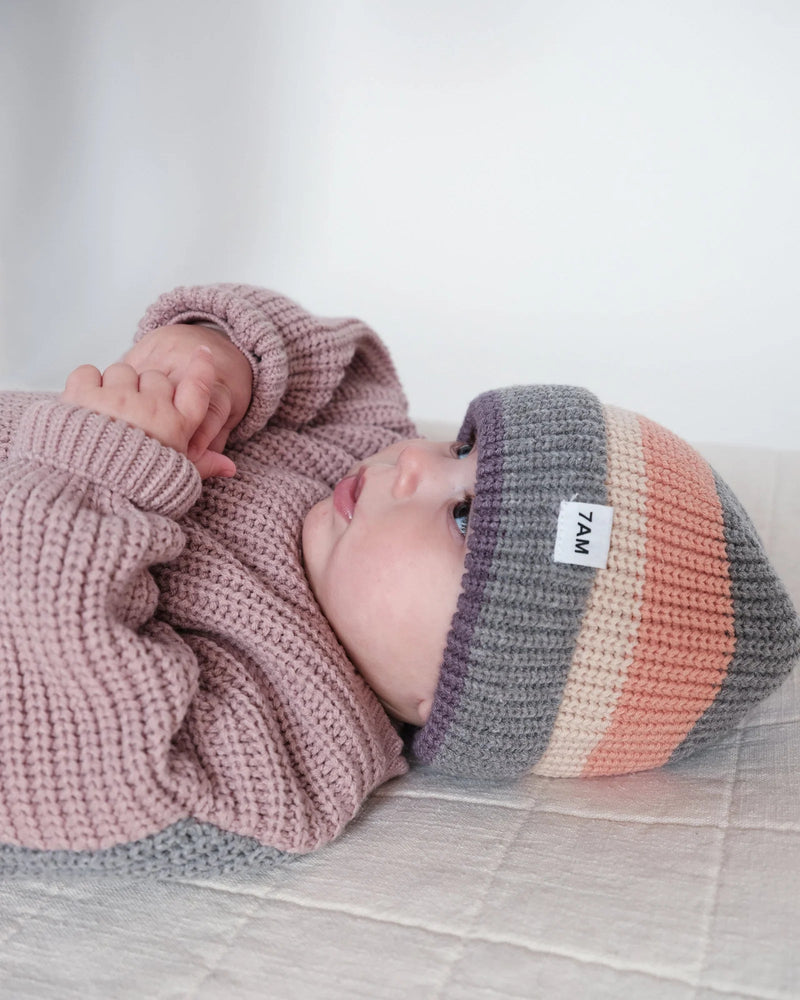 7AM - Beanie Stripe - Chunky | Striped Chunky Knit Baby & Kids Beanie Collection Mother & Baby Ash Rose, Multicolor 0 - 6M