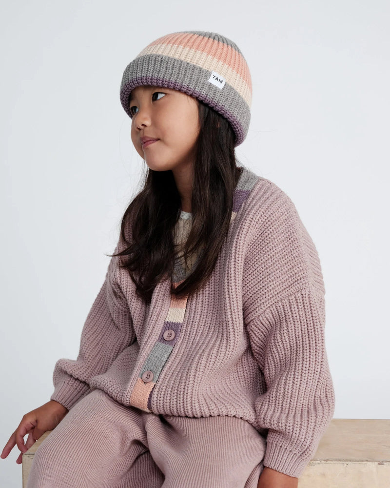 7AM - Beanie Stripe - Chunky | Striped Chunky Knit Baby & Kids Beanie Collection Mother & Baby Ash Rose, Multicolor 0 - 6M