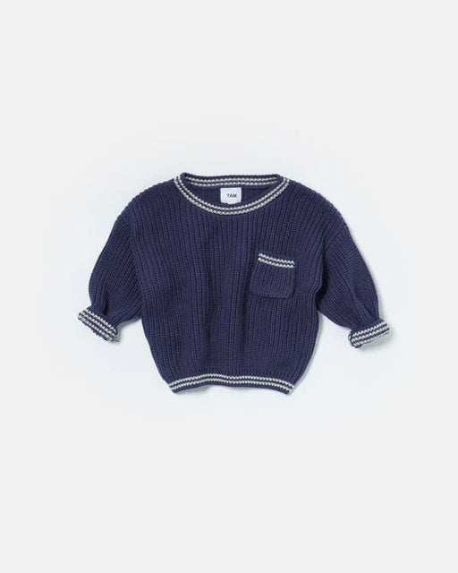 7AM - Boxy Sweater - Chunky Tennis Mother & Baby Navy, Pearl Grey 6 - 12M