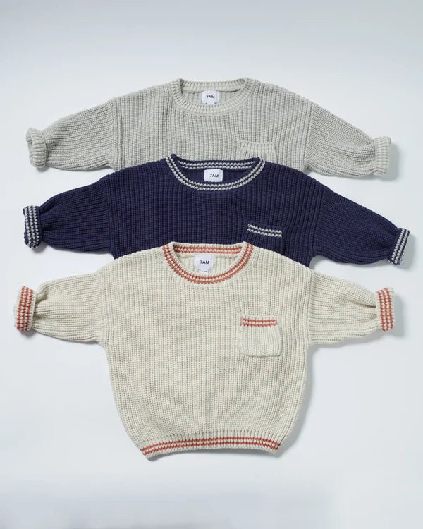 7AM - Boxy Sweater - Chunky Tennis Mother & Baby Pearl Grey, Ecru 6 - 12M