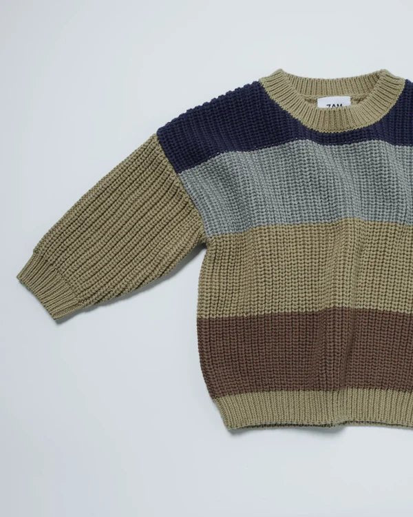 7AM - Boxy Sweater Color Block - Chunky Mother & Baby Olive Multi 18 - 24M