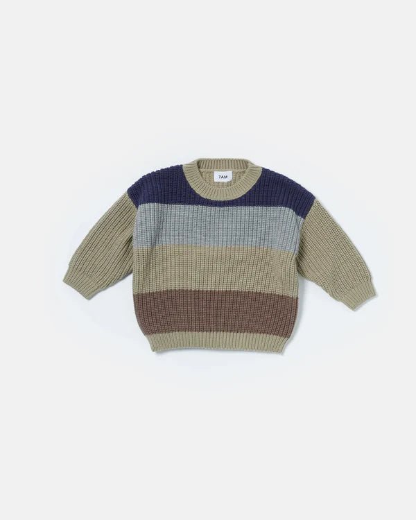 7AM - Boxy Sweater Color Block - Chunky Mother & Baby Olive Multi 18 - 24M