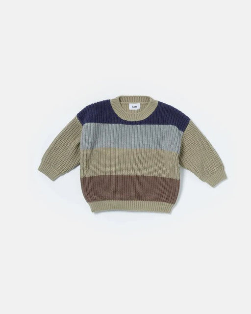 7AM - Boxy Sweater Color Block - Chunky Mother & Baby Olive Multi 18 - 24M