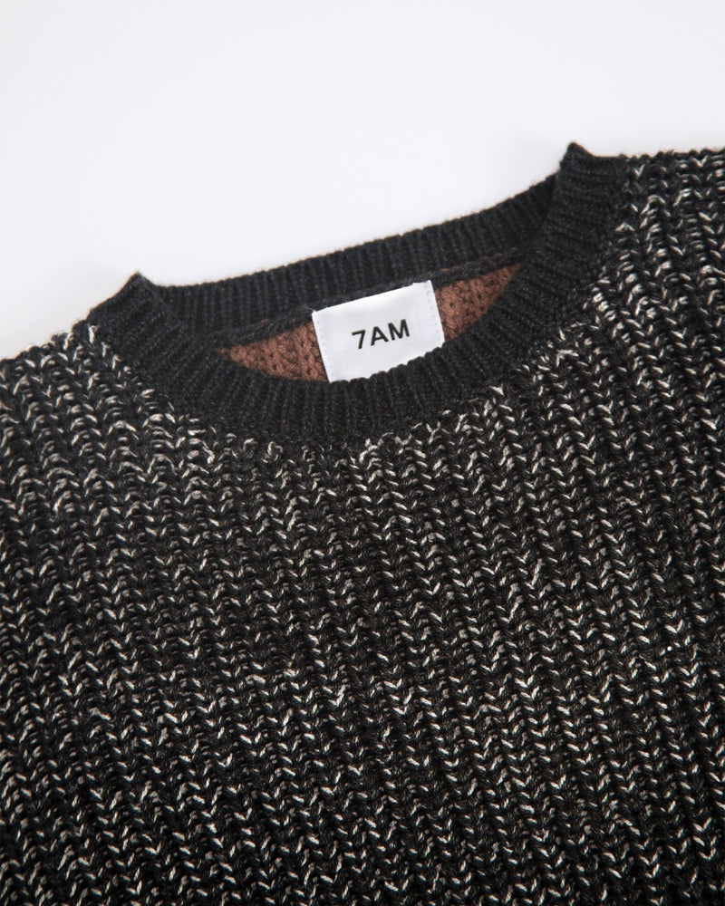 7AM - Long Sleeve Boxy Sweater - Chunky Mother & Baby Black Melange, Brown 6 - 12M