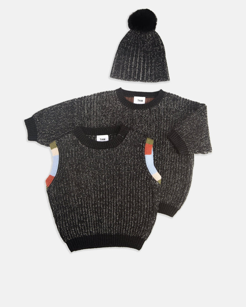7AM - Long Sleeve Boxy Sweater - Chunky Mother & Baby Black Melange, Brown 6 - 12M