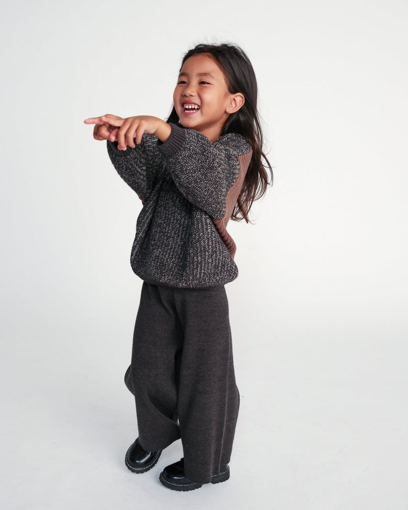 7AM - Long Sleeve Boxy Sweater - Chunky Mother & Baby Black Melange, Brown 6 - 12M