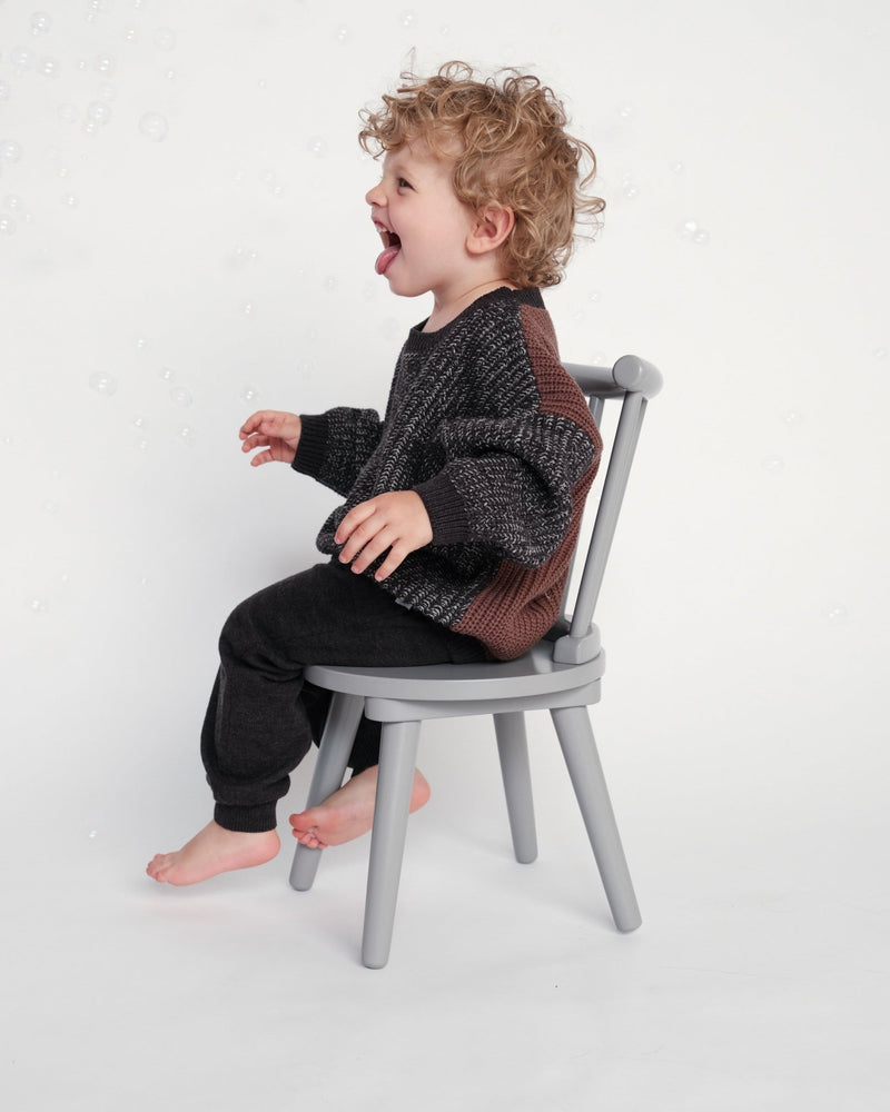 7AM - Long Sleeve Boxy Sweater - Chunky Mother & Baby Black Melange, Brown 6 - 12M